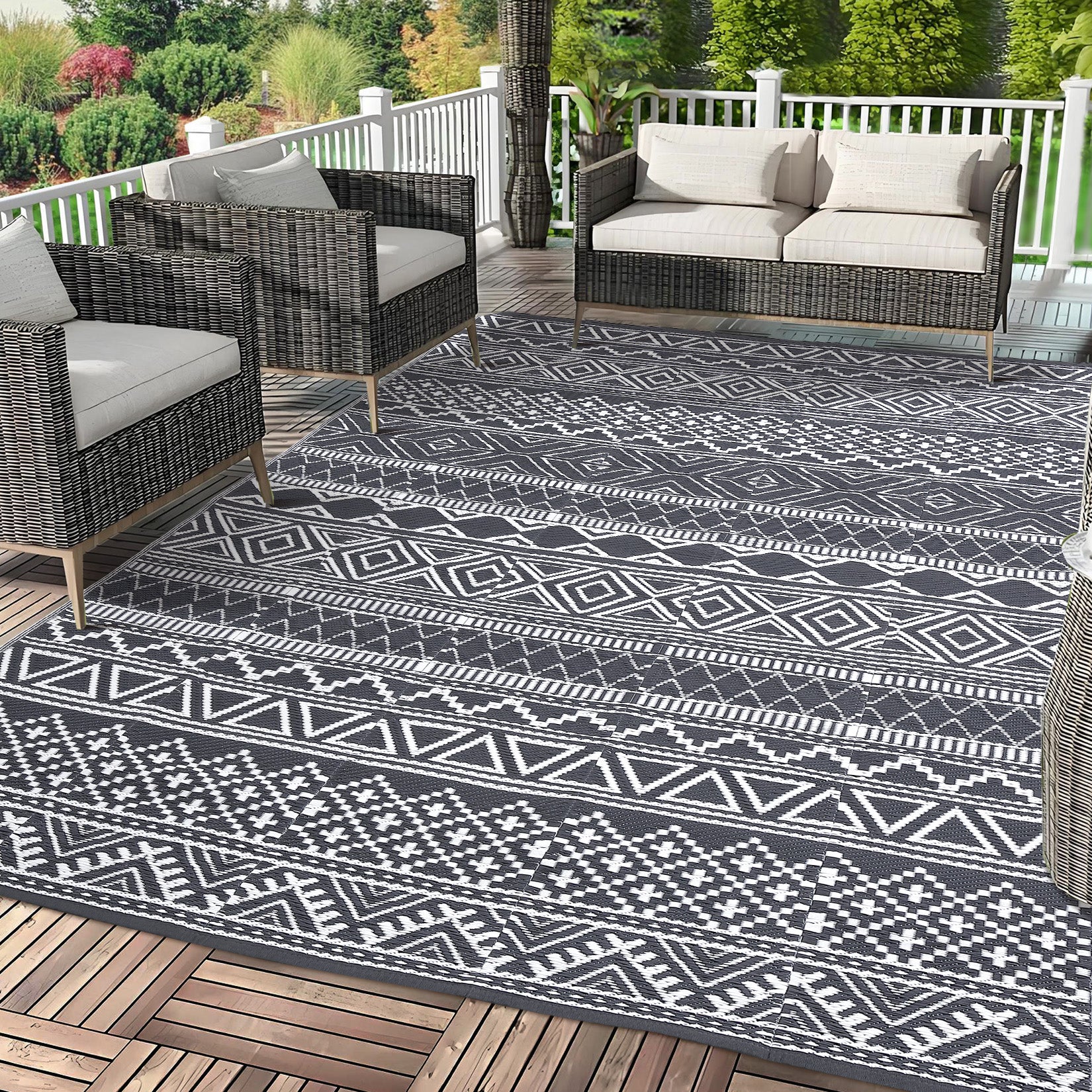 Garvee Outdoor 9x18 Boho Rug, Reversible Waterproof PP Plastic Carpet for Patio, Camping & RV | Easy Clean Portable, Gray & White