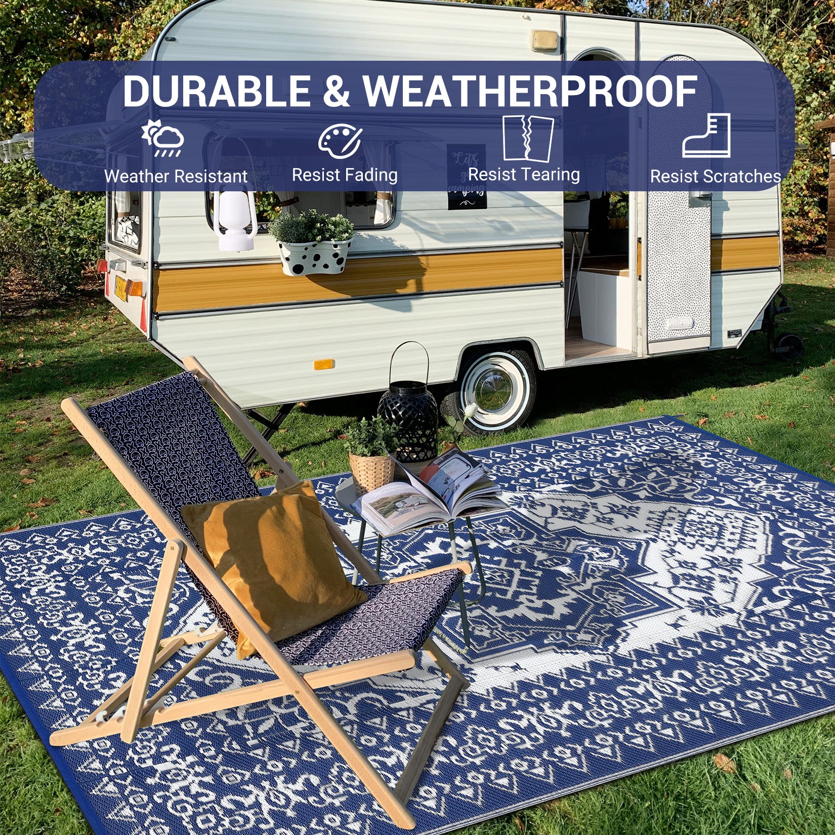 Garvee Outdoor Navy Blue & White 10x20 Waterproof Reversible Rug – UV-Resistant Plastic Straw Mat with Carry Bag, Foldable Easy-Clean Rug for Patio, Camping, RV, Beach, or Deck