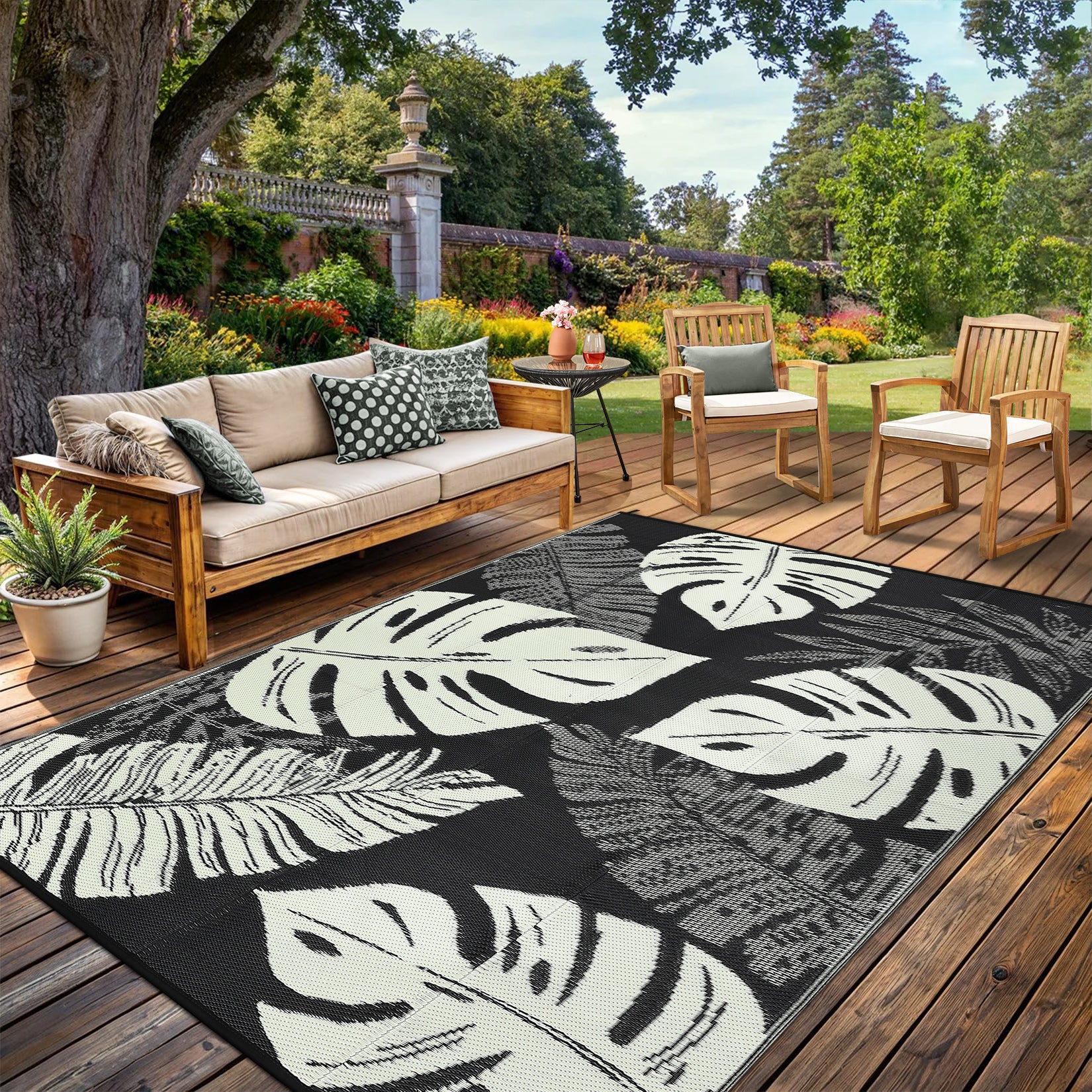 Garvee Outdoor Black & Beige 6x9 Rug, Waterproof Reversible Mat Palm Leaves Camping Rugs Indoor Outdoor Rugs Carpet Large Area Rug Plastic Straw Rug for Patio Deck Balcony Pool RV Camping