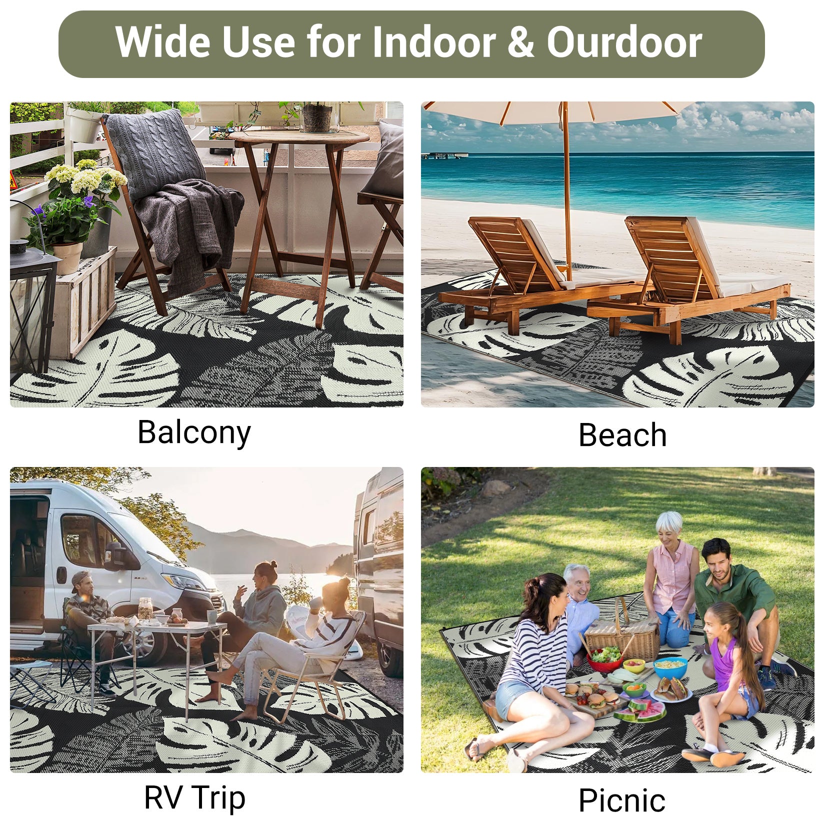 Garvee Outdoor Black & Beige 6x9 Rug, Waterproof Reversible Mat Palm Leaves Camping Rugs Indoor Outdoor Rugs Carpet Large Area Rug Plastic Straw Rug for Patio Deck Balcony Pool RV Camping