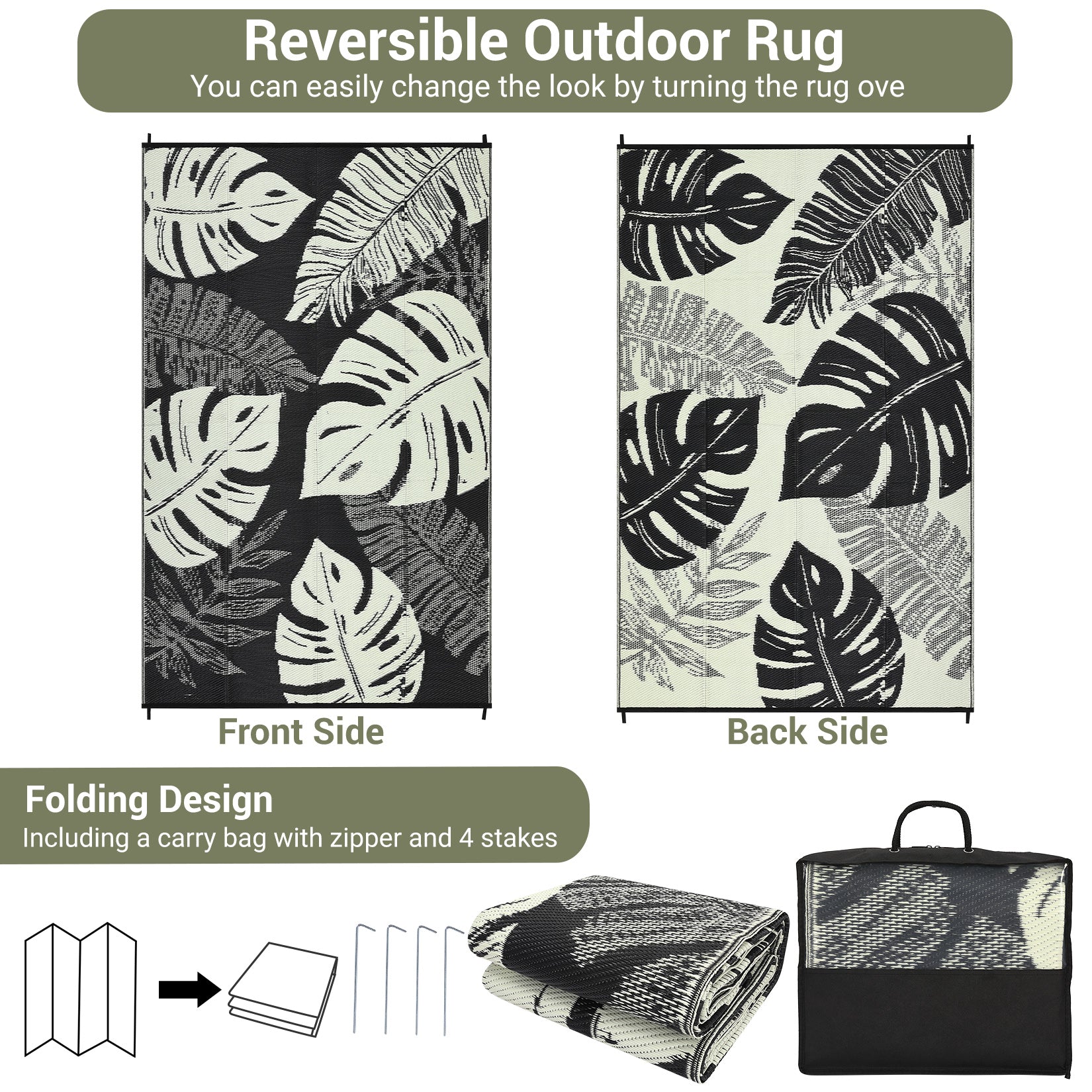 Garvee Outdoor Black & Beige 6x9 Rug, Waterproof Reversible Mat Palm Leaves Camping Rugs Indoor Outdoor Rugs Carpet Large Area Rug Plastic Straw Rug for Patio Deck Balcony Pool RV Camping