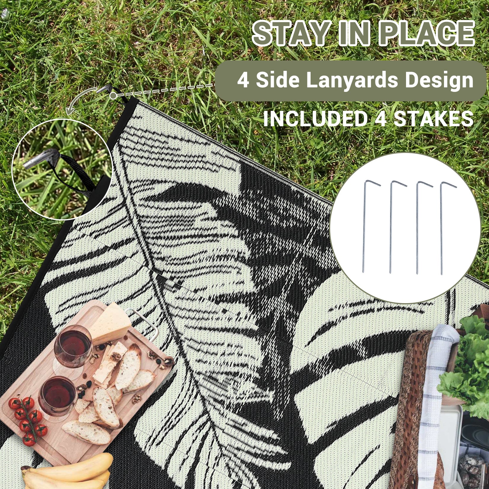 Garvee Outdoor Black & Beige 6x9 Rug, Waterproof Reversible Mat Palm Leaves Camping Rugs Indoor Outdoor Rugs Carpet Large Area Rug Plastic Straw Rug for Patio Deck Balcony Pool RV Camping