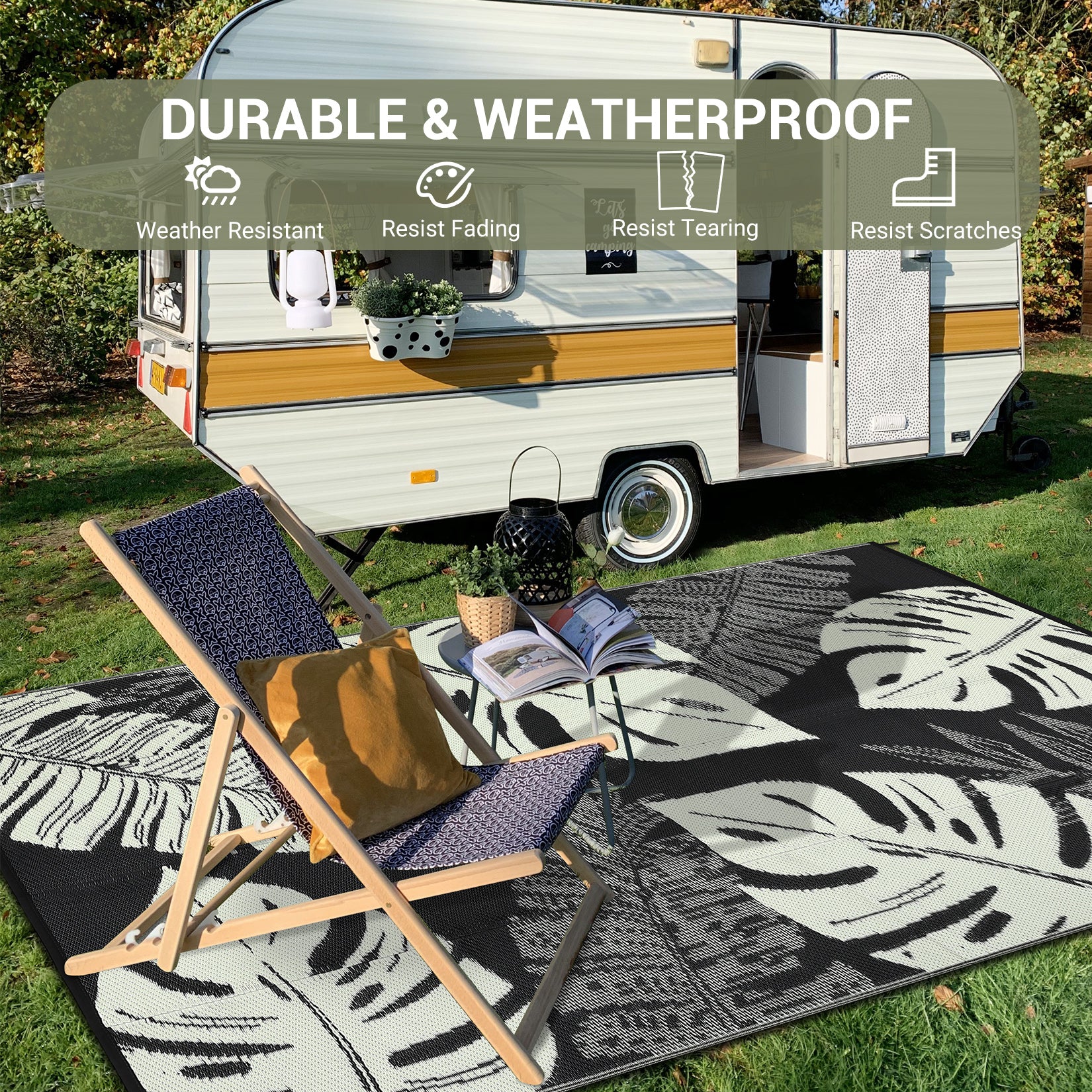 Garvee Outdoor Black & Beige 6x9 Rug, Waterproof Reversible Mat Palm Leaves Camping Rugs Indoor Outdoor Rugs Carpet Large Area Rug Plastic Straw Rug for Patio Deck Balcony Pool RV Camping