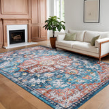 Garvee Oriental Medallion Rug: Non-Slip Washable Vintage Floral Carpet for Bedroom/Living Room. Low-Pile Stain-Resistant - Blue
