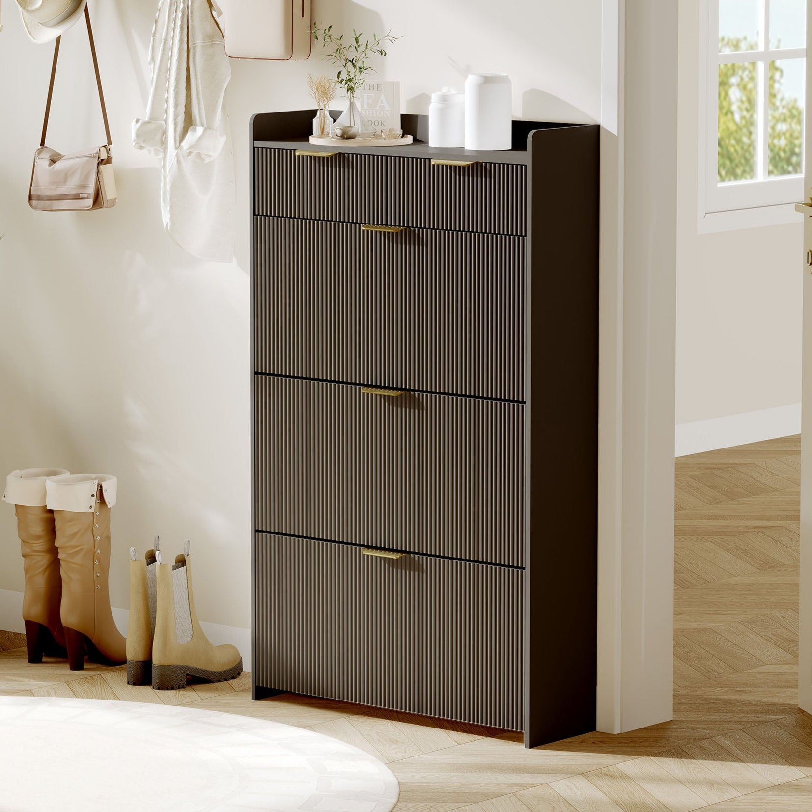 Garvee Shoe Cabinet with 3 Flip Drawers, Modern Entryway Shoe Storage Organizer for Entryway, Hallway, Living Room, Black
