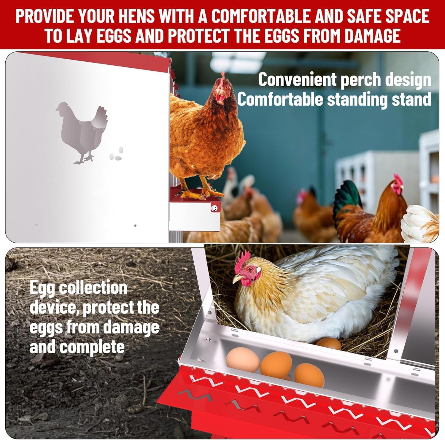 Garvee Metal Chicken Nesting Box with 10 Compartments, Heavy-Duty Galvanized Steel, Egg Roll-Away System, Ventilated Design, Wall-Mountable, Red, for Poultry Coops