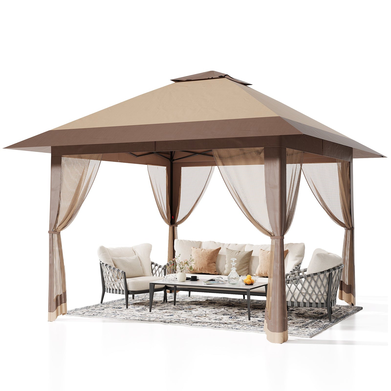Garvee 13×13 ft Pop-Up Canopy Tent, Instant Outdoor Gazebo with Mosquito Netting, 3-Height Adjustable Steel Frame & Carry Bag for Backyard, Patio, Camping and Parties, Khaki