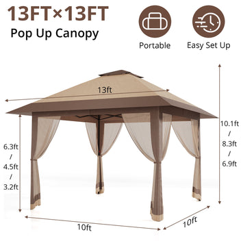 Garvee 13×13 ft Pop-Up Canopy Tent, Instant Outdoor Gazebo with Mosquito Netting, 3-Height Adjustable Steel Frame & Carry Bag for Backyard, Patio, Camping and Parties, Khaki