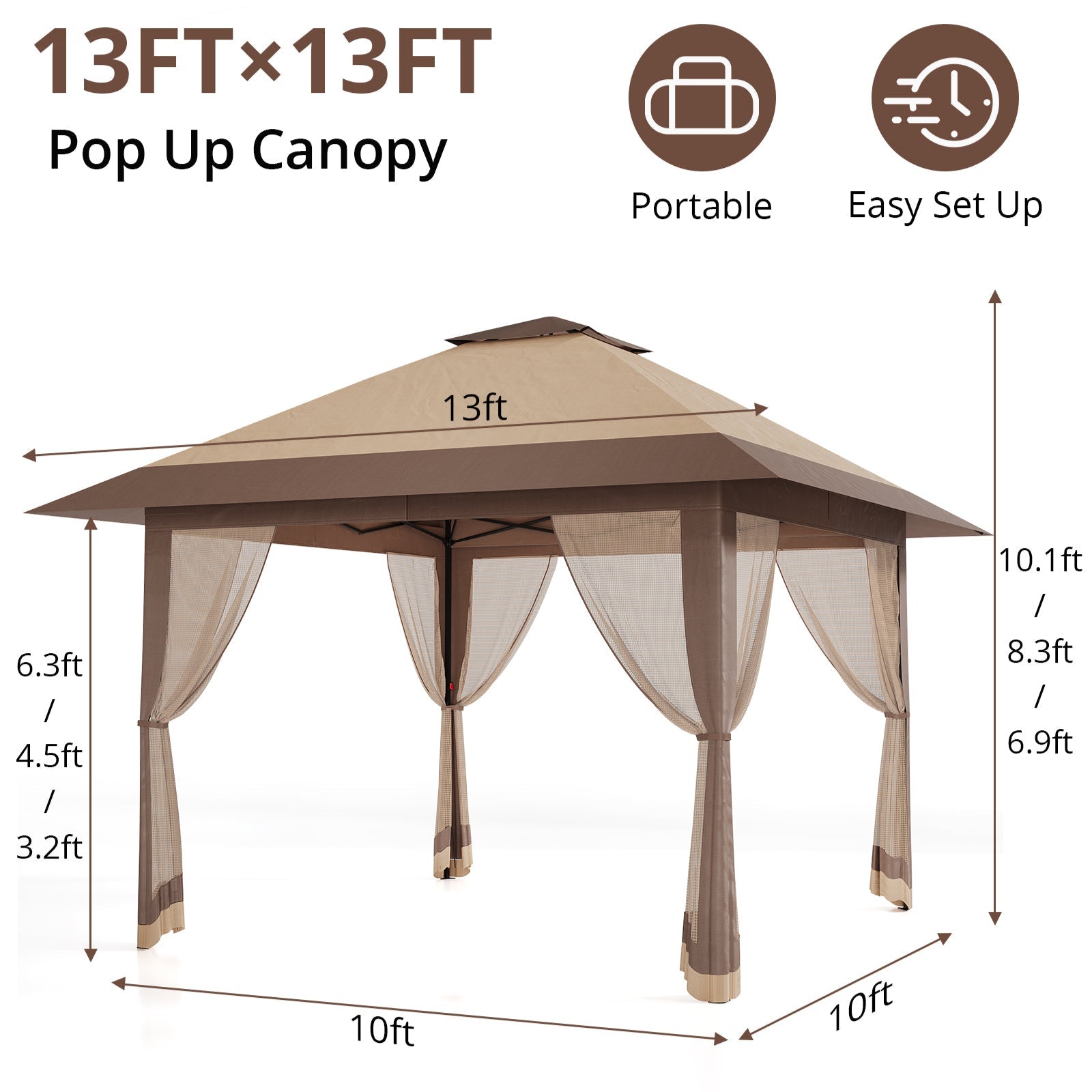Garvee 13×13 ft Pop-Up Canopy Tent, Instant Outdoor Gazebo with Mosquito Netting, 3-Height Adjustable Steel Frame & Carry Bag for Backyard, Patio, Camping and Parties, Khaki