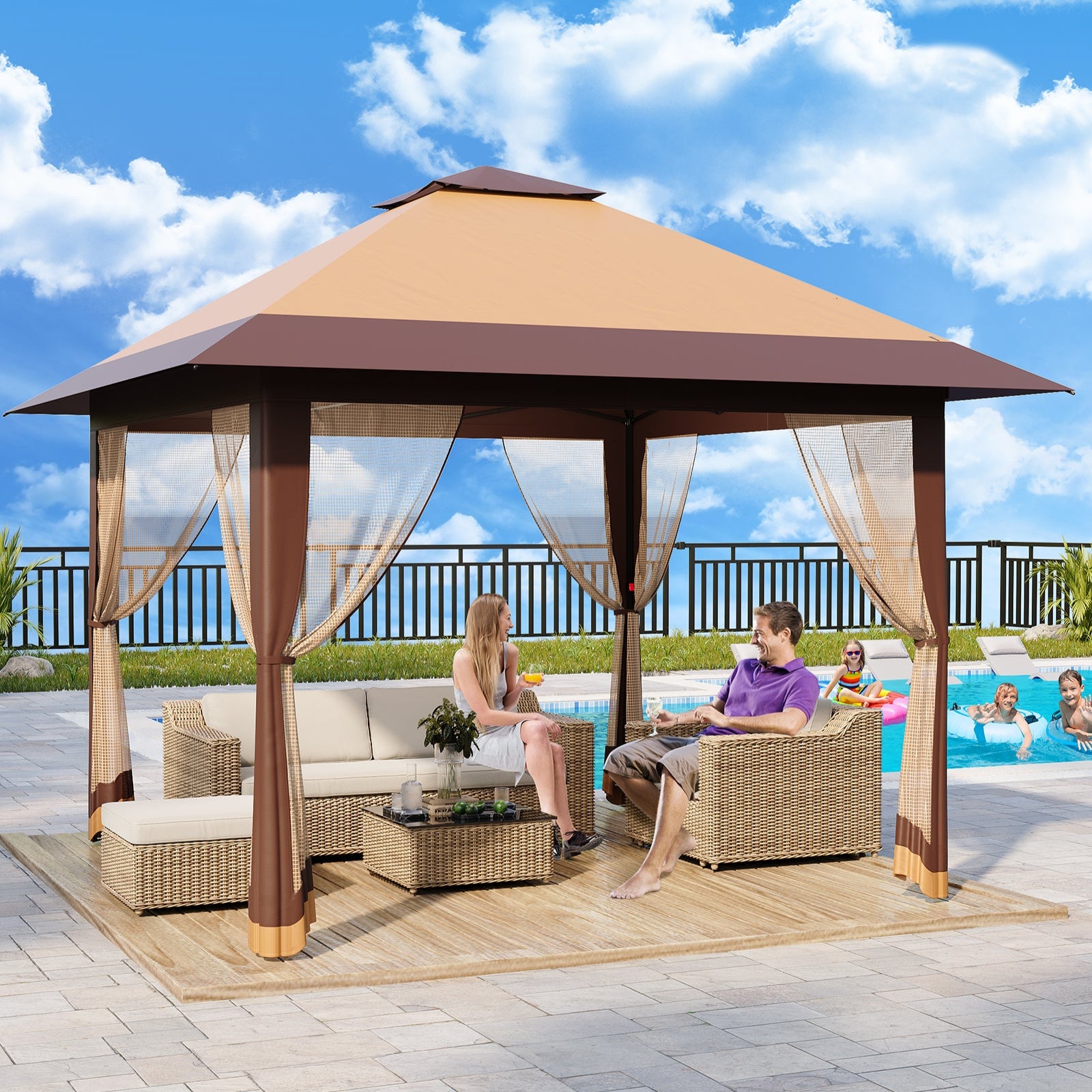 Garvee 13×13 ft Pop-Up Canopy Tent, Instant Outdoor Gazebo with Mosquito Netting, 3-Height Adjustable Steel Frame & Carry Bag for Backyard, Patio, Camping and Parties, Khaki