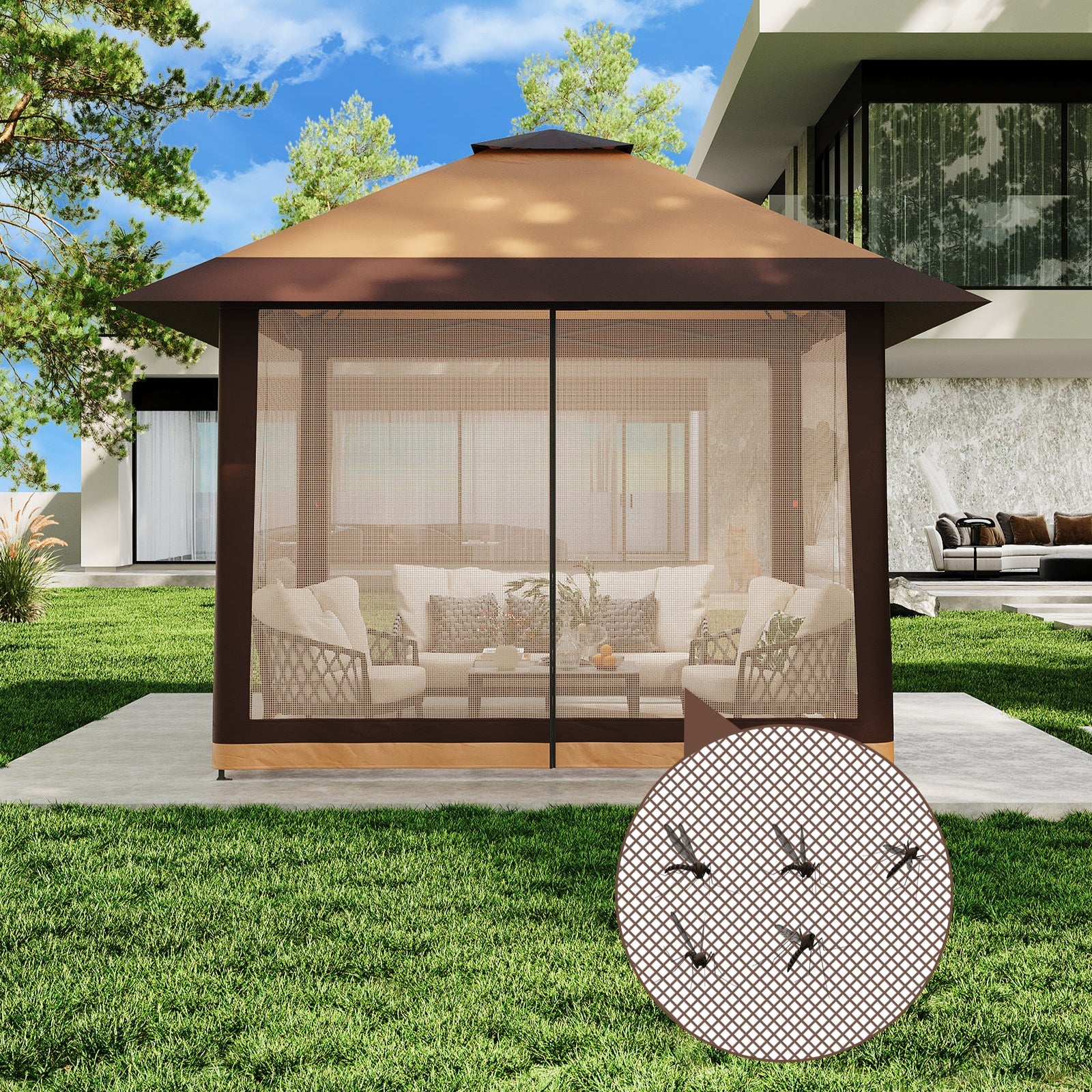 Garvee 13×13 ft Pop-Up Canopy Tent, Instant Outdoor Gazebo with Mosquito Netting, 3-Height Adjustable Steel Frame & Carry Bag for Backyard, Patio, Camping and Parties, Khaki