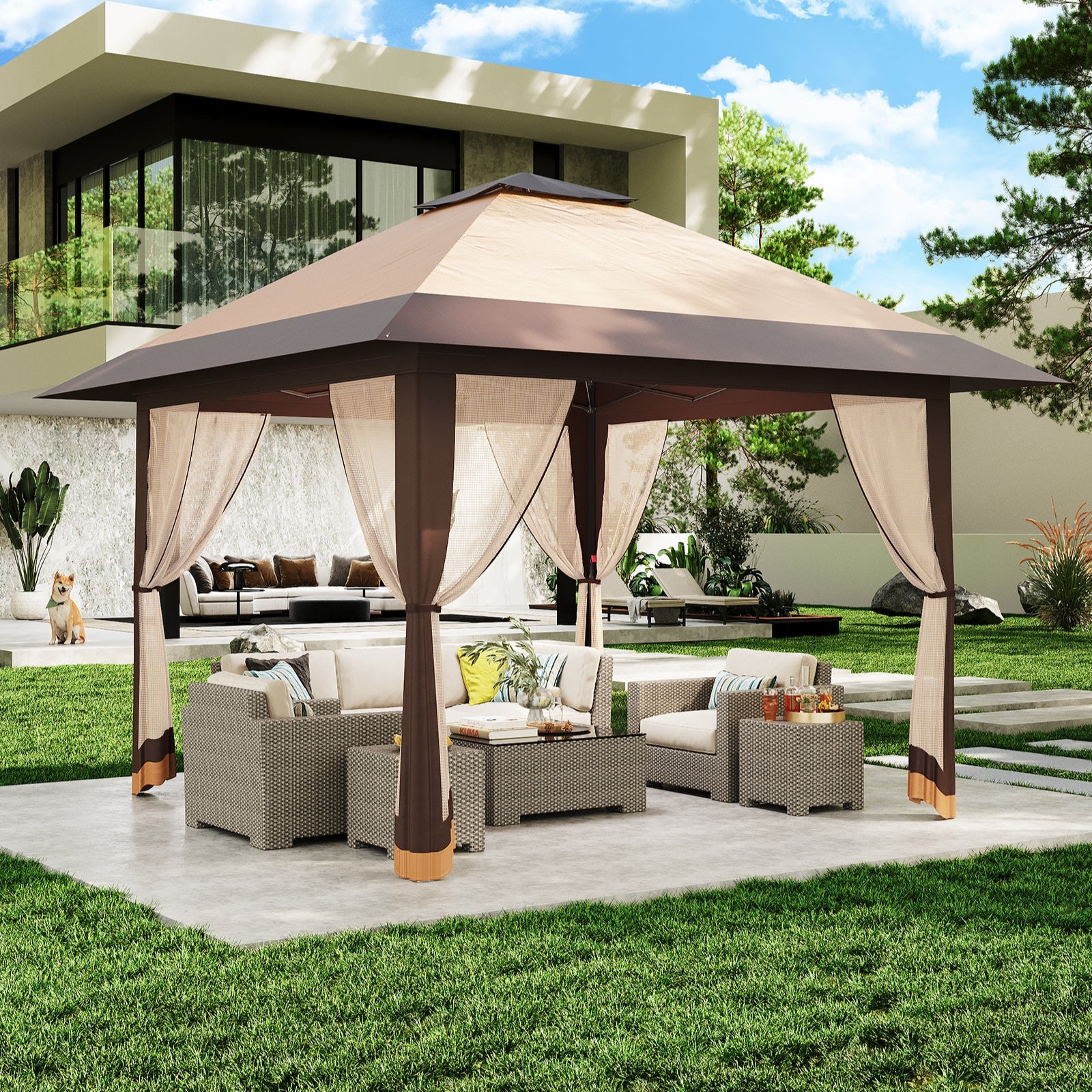 Garvee 13×13 ft Pop-Up Canopy Tent, Instant Outdoor Gazebo with Mosquito Netting, 3-Height Adjustable Steel Frame & Carry Bag for Backyard, Patio, Camping and Parties, Khaki