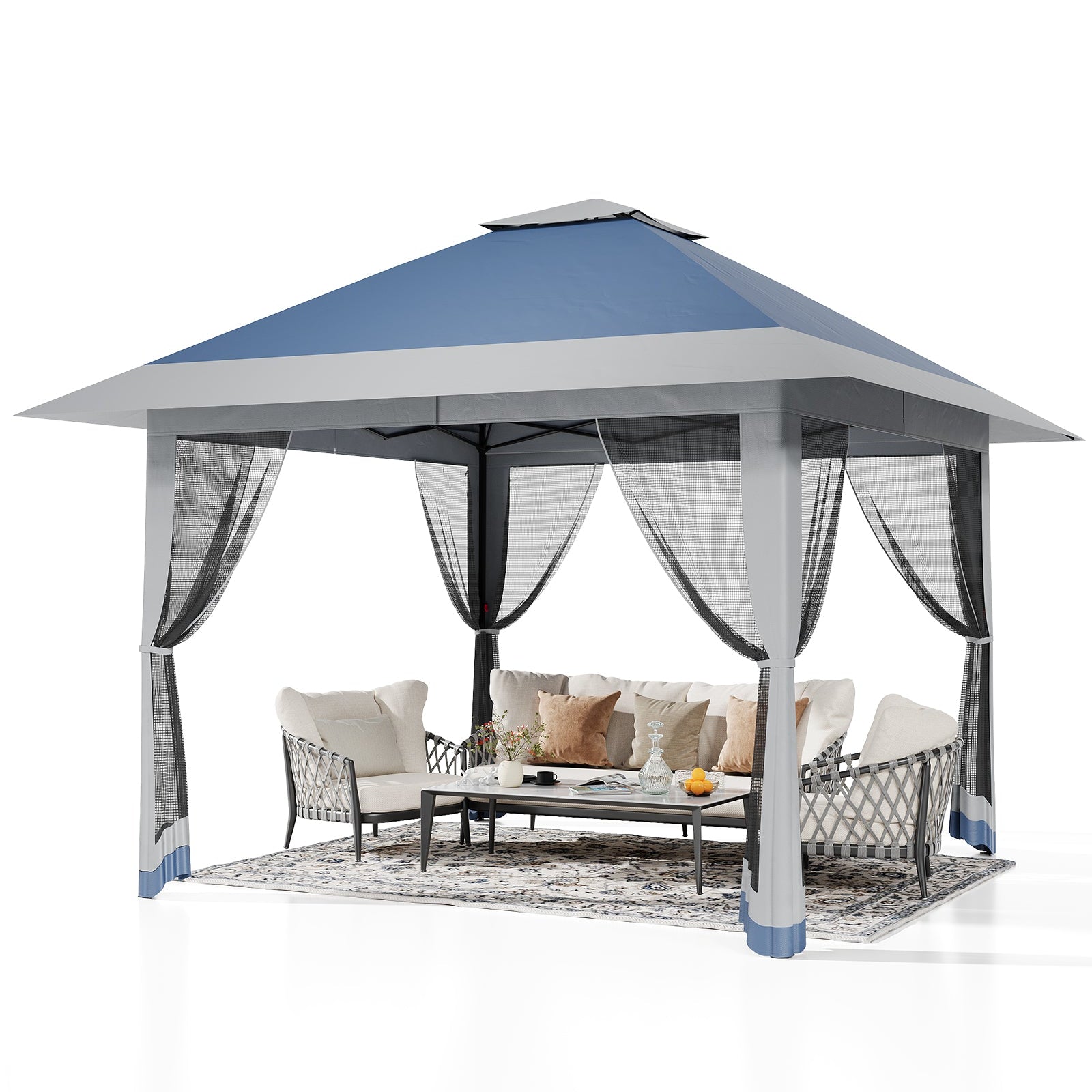 Garvee 13' x 13' Outdoor Tent, Double Roof Patio Gazebo Quick Setup Instant Canopy Tent Instant Canopy Gazebo Shelter, Blue & Grey