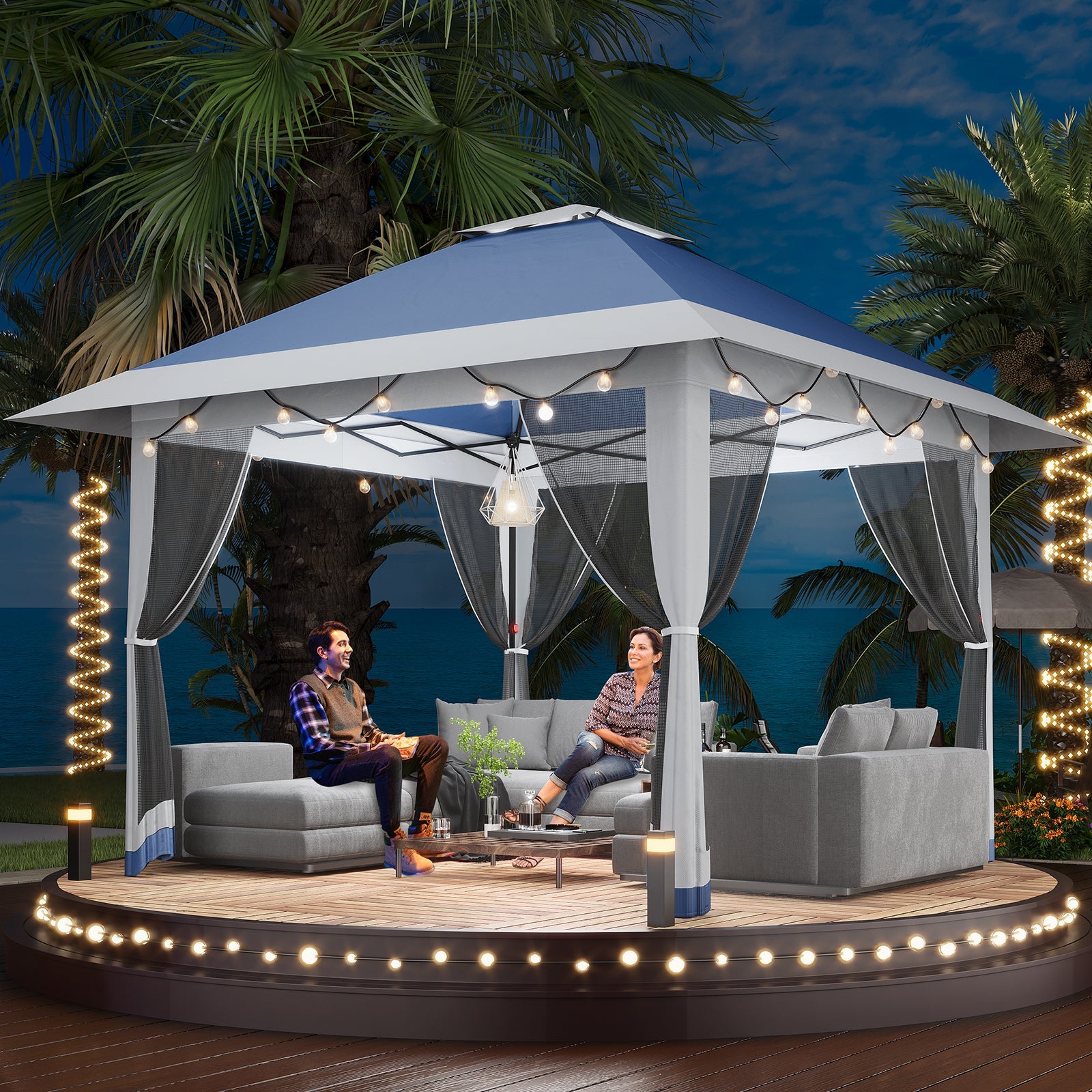 Garvee 13' x 13' Outdoor Tent, Double Roof Patio Gazebo Quick Setup Instant Canopy Tent Instant Canopy Gazebo Shelter, Blue & Grey