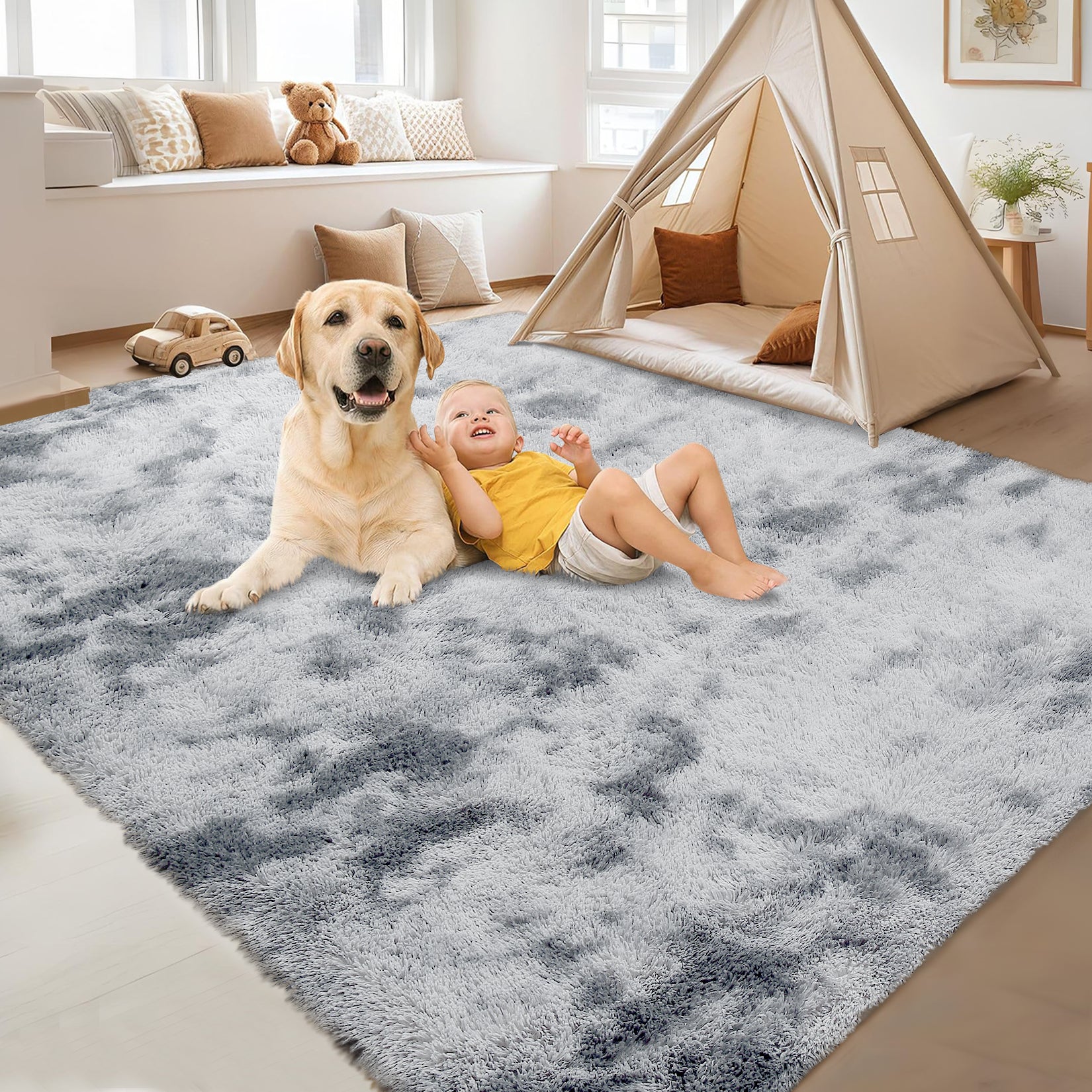 Garvee Fluffy & Sheepskin Light Grey 9x12 Thick Fuzzy Area Rug, Non-Slip Non-Shedding for Playroom Bedroom Nursery Kids Room