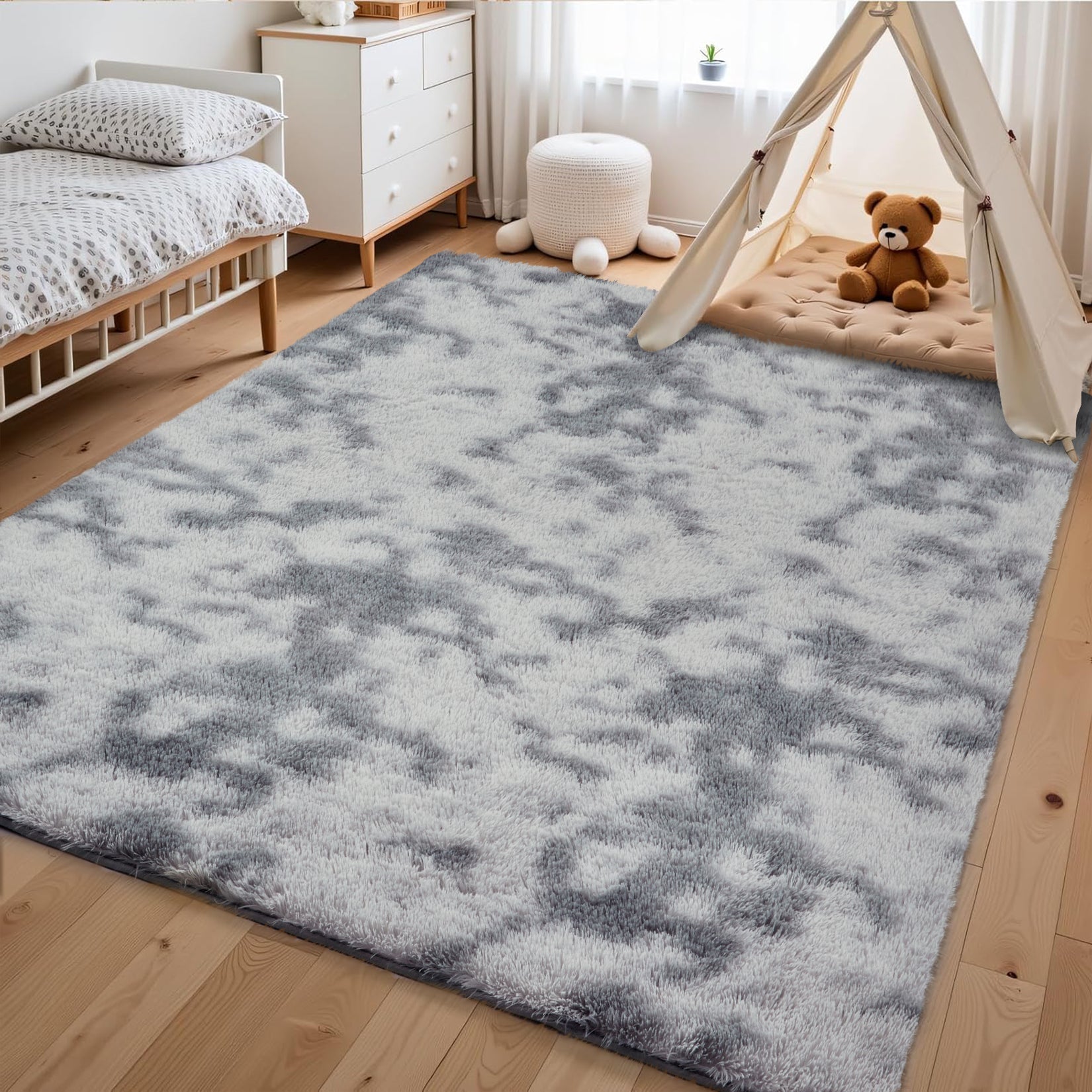 Garvee Fluffy & Sheepskin Light Grey 9x12 Thick Fuzzy Area Rug, Non-Slip Non-Shedding for Playroom Bedroom Nursery Kids Room