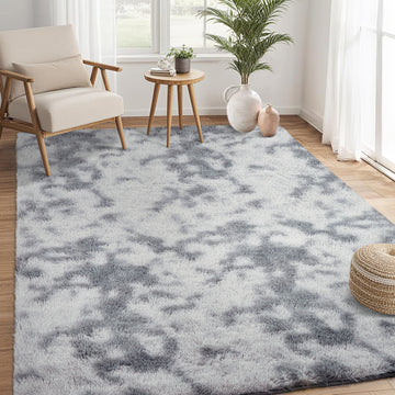 Garvee Fluffy & Sheepskin Light Grey 8x10 Faux Fur Shag Rug, Non-Slip Tie Dye Plush Fuzzy for Bedroom Kids Nursery Dorm