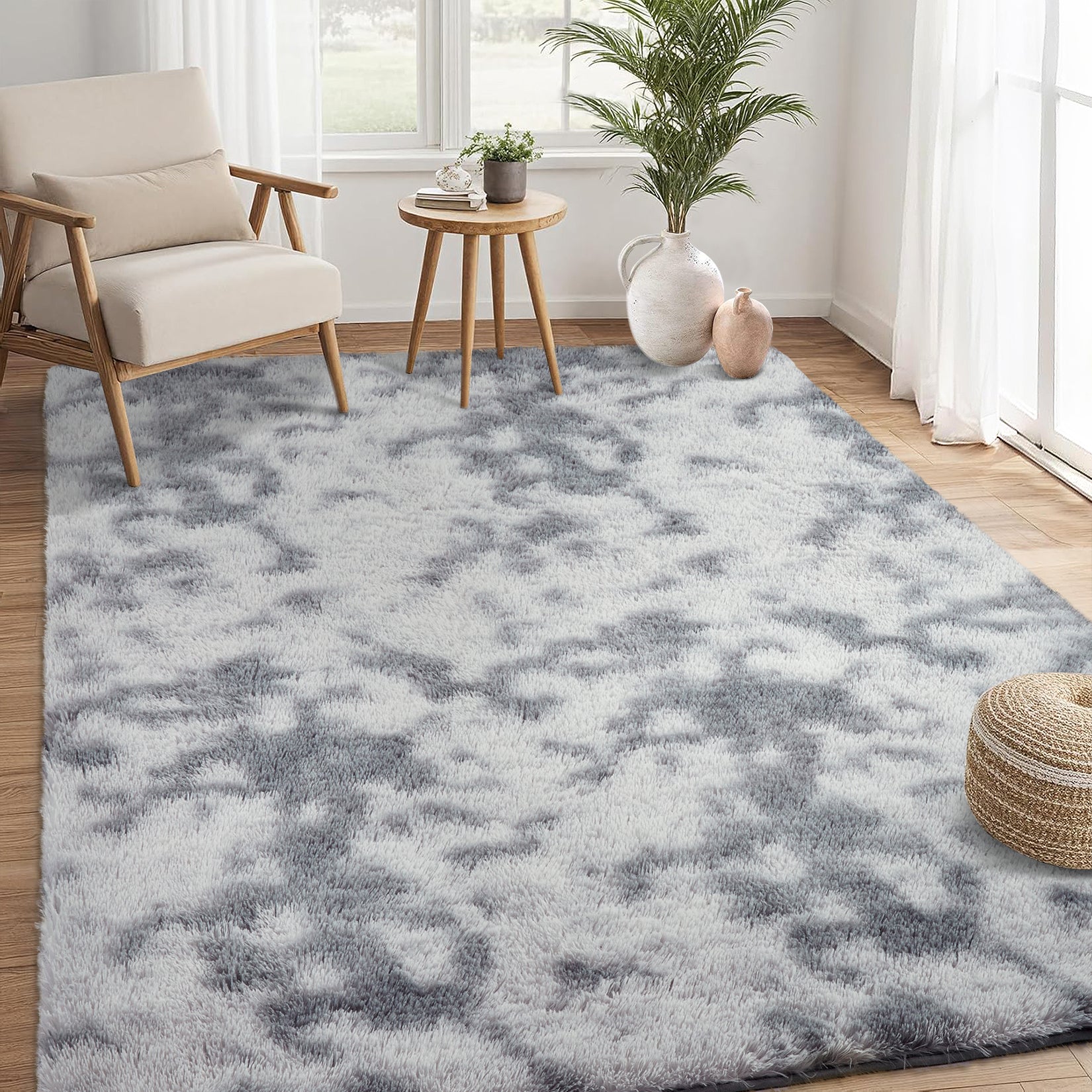 Garvee Fluffy & Sheepskin Light Grey 10x13 Plush Thick Shag Rug, Non-Slip Non-Shedding Tie Dye for Bedroom Kids Dorm
