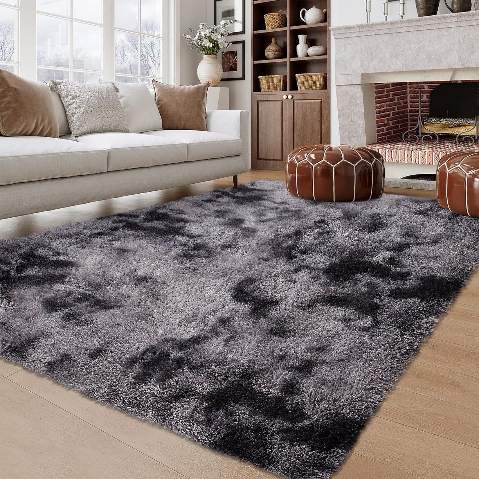 Garvee Fluffy & Sheepskin Deep Grey Tie-Dye 63"×79" Area Rugs Shaggy Rug for Bedroom Fuzzy Rug Living Room Rugs Non-Slip Rug for Living Room Bedroom Dining Room Office Plush Rug