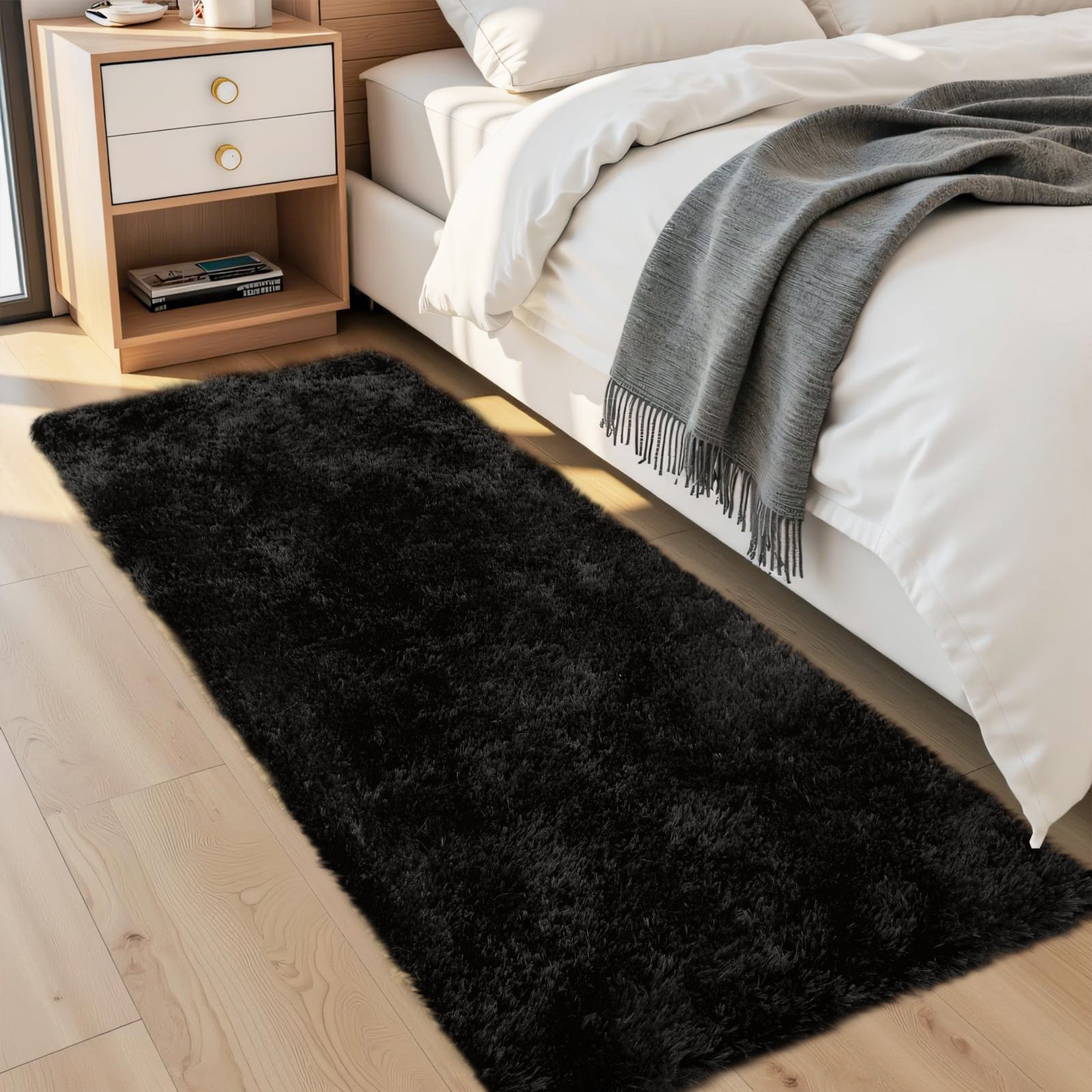 Garvee Fluffy & Sheepskin Pure Black 2x8 Fuzzy Plush Rug, Soft Carpet for Living Room Bedroom Dining Decor