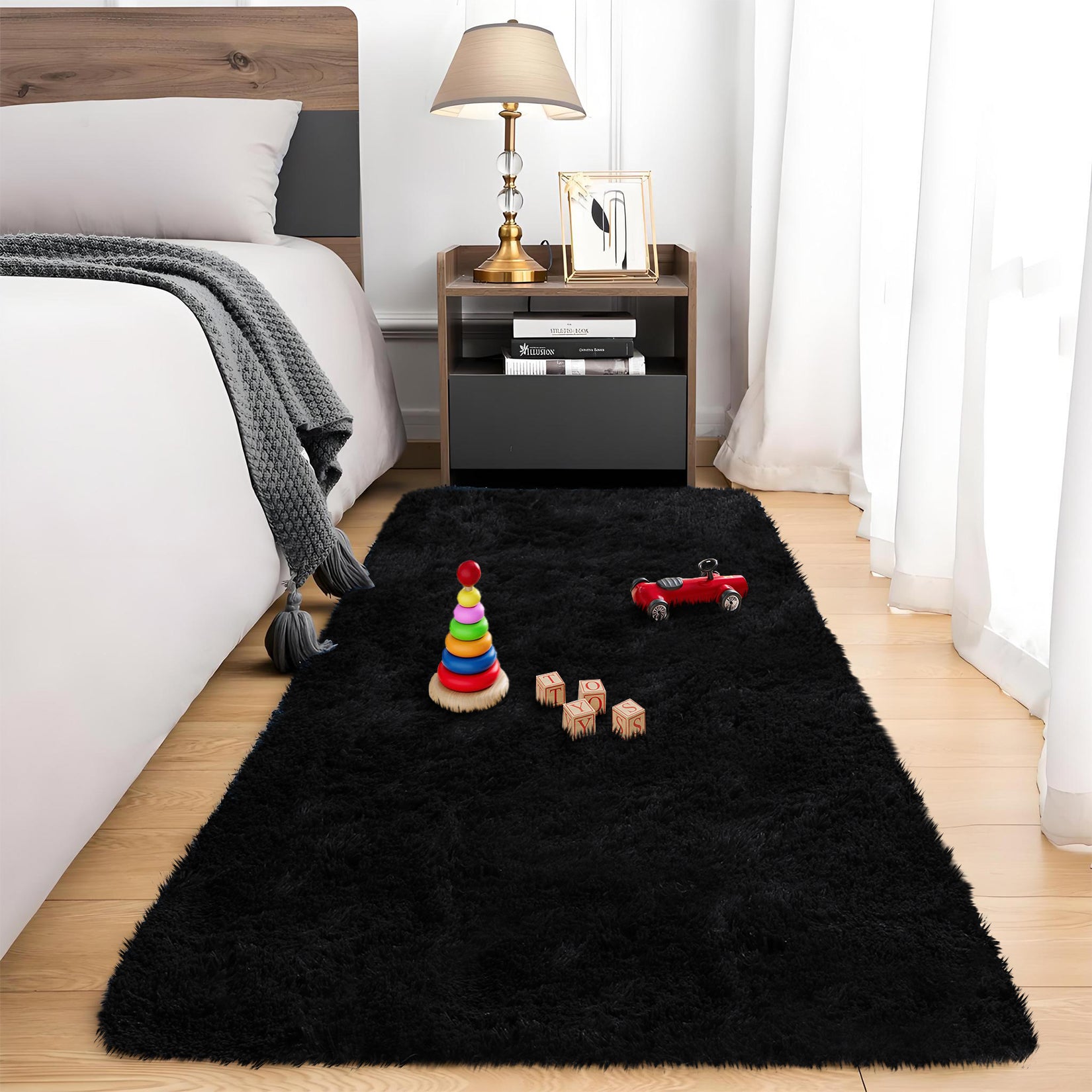 Garvee Fluffy & Sheepskin Pure Black 2x8 Fuzzy Plush Rug, Soft Carpet for Living Room Bedroom Dining Decor