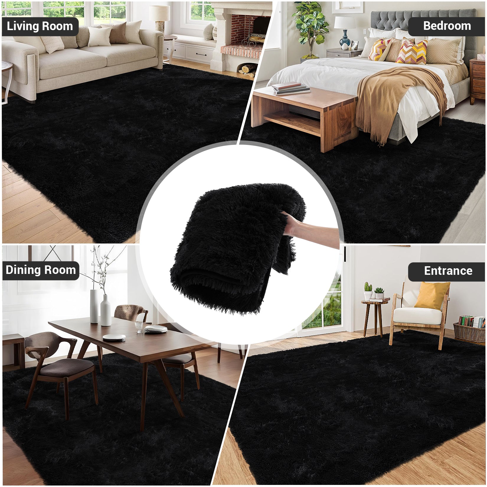 Garvee Fluffy & Sheepskin Pure Black 2x8 Fuzzy Plush Rug, Soft Carpet for Living Room Bedroom Dining Decor