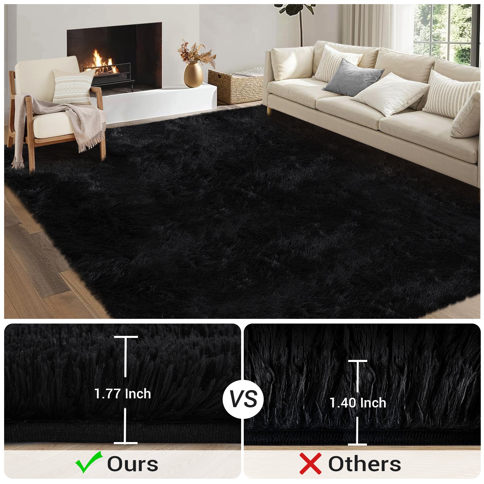 Garvee Fluffy & Sheepskin Pure Black 2x8 Fuzzy Plush Rug, Soft Carpet for Living Room Bedroom Dining Decor
