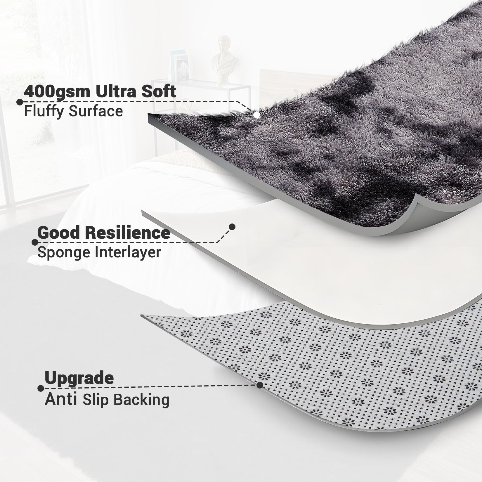 Garvee Fluffy & Sheepskin Deep Grey Tie-Dye 2x6 Shag Rug, Plush Small Furry Non-Slip Modern Accent for Bedroom Living Room Indoor