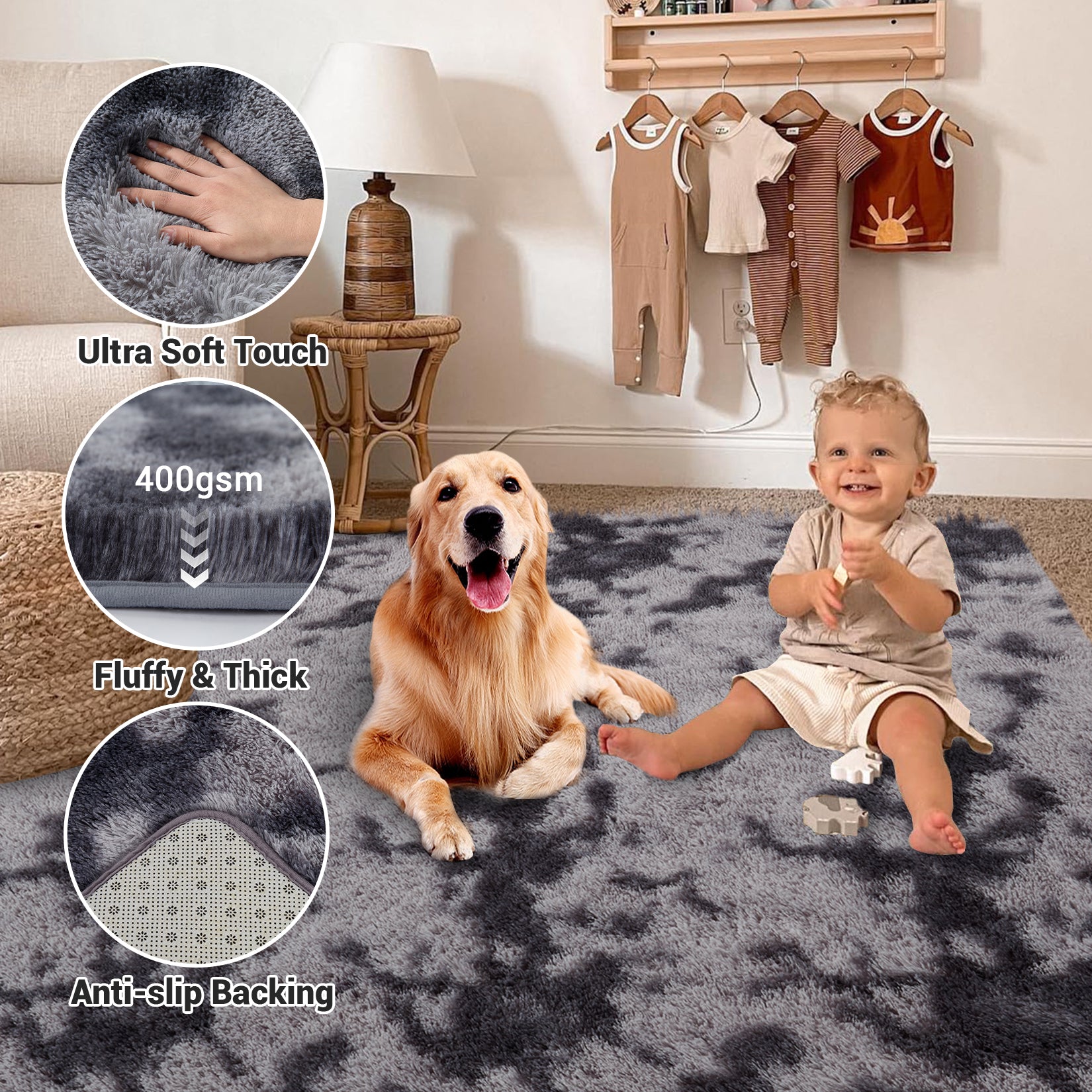 Garvee Fluffy & Sheepskin Deep Grey Tie-Dye 2x6 Shag Rug, Plush Small Furry Non-Slip Modern Accent for Bedroom Living Room Indoor