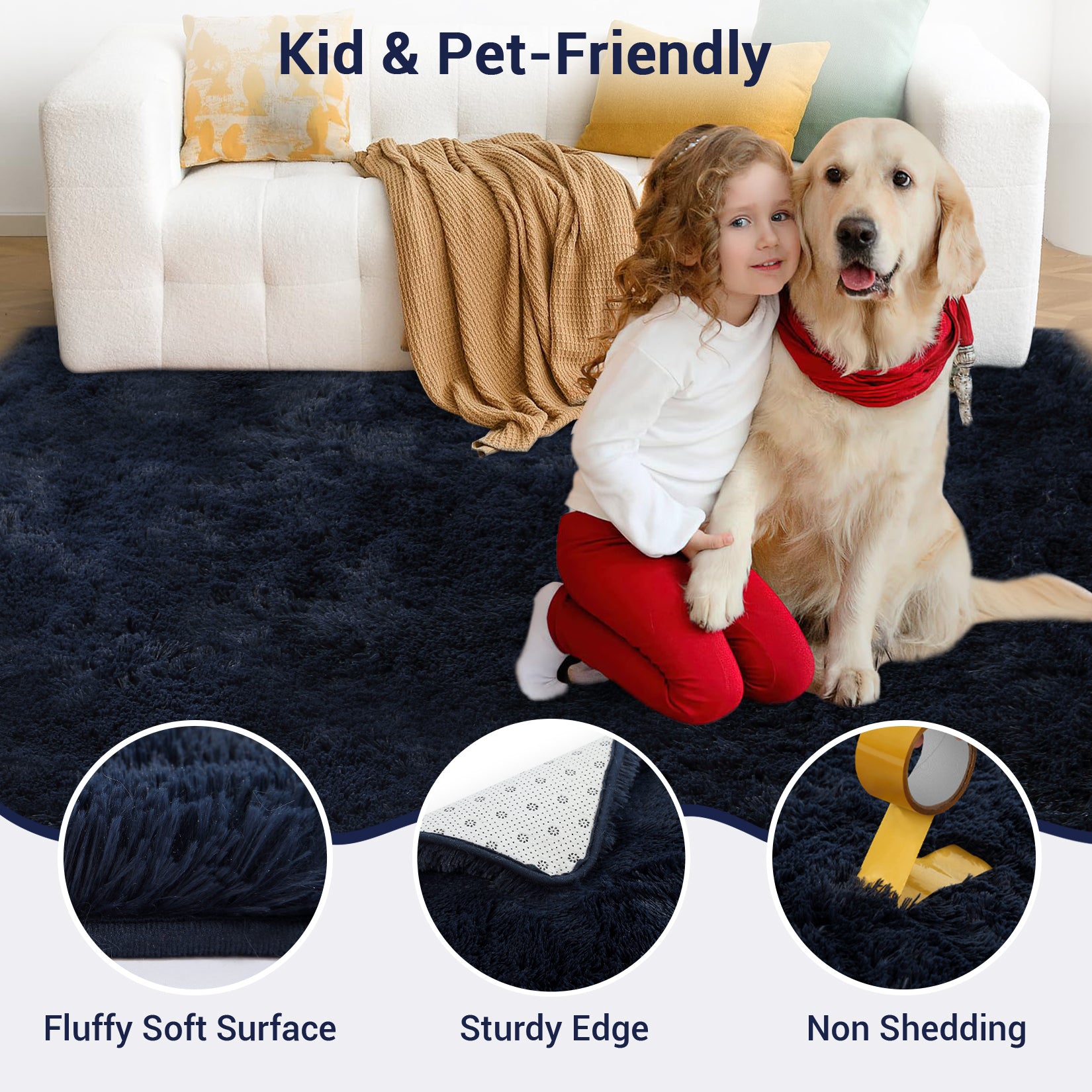 Garvee Fluffy & Sheepskin Pure Navy Blue 3x5 Faux Fur Rug, Non-Shedding Anti-Slip Plush for Kids Playroom Classroom Dining Room