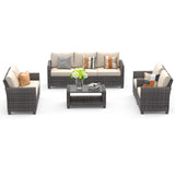 Garvee 5pc Outdoor Rattan Patio Furniture Set - Sectional 3-Seat Sofa, 2-Seat Sofa, 2 Single Sofas & Table - All-Weather Conversation Set for Balcony & Backyard - Grey+Beige