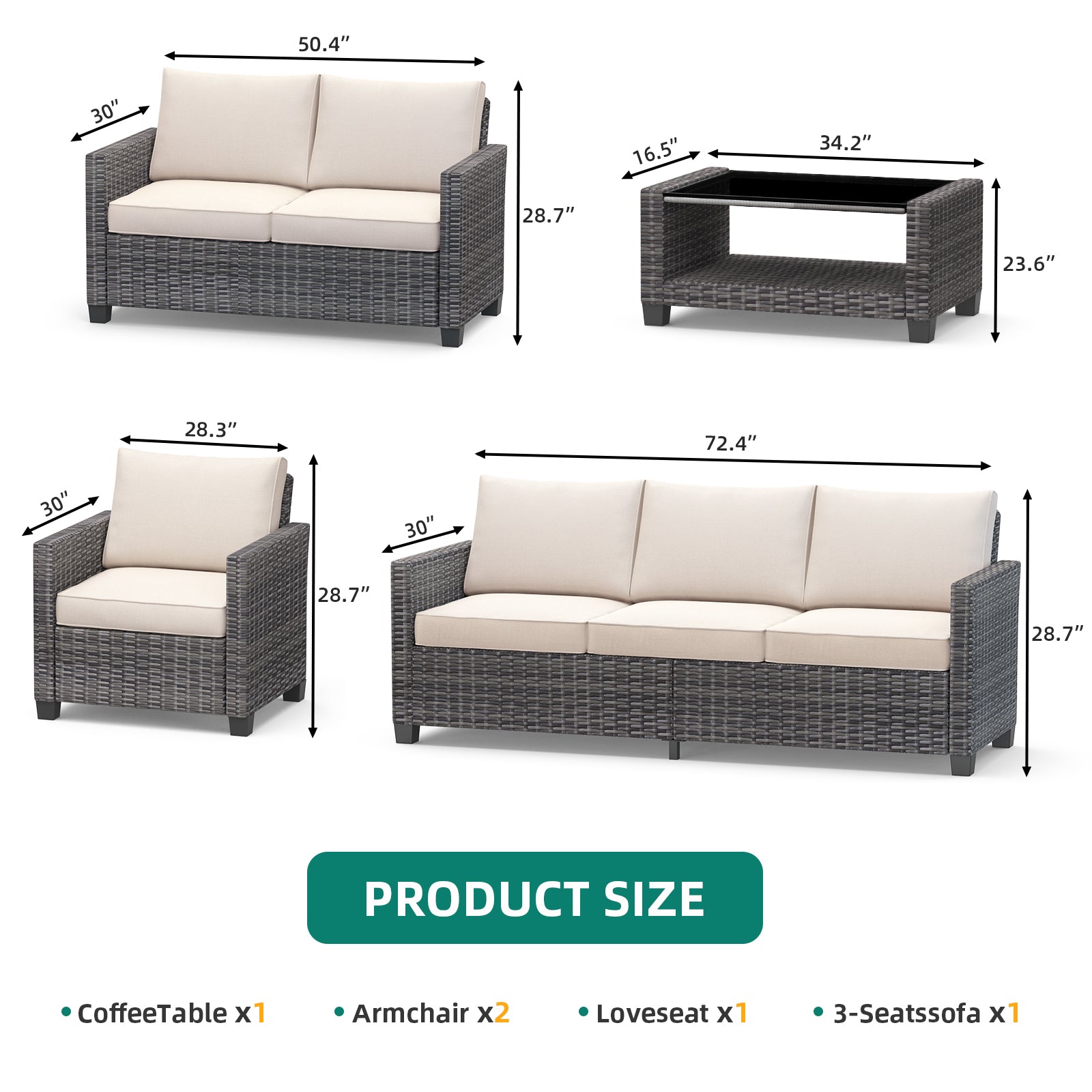 Garvee 5pc Outdoor Rattan Patio Furniture Set - Sectional 3-Seat Sofa, 2-Seat Sofa, 2 Single Sofas & Table - All-Weather Conversation Set for Balcony & Backyard