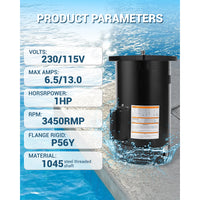 Garvee B2853 Pool Pump Motor Replacement 1.5HP 3450RPM Dual Voltage 115V/230V Compatible With A.O. Smith Century P56Y Frame Overheat Protection Swimming Pool Pump Parts