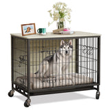 Garvee Dog Crate Furniture, Double Doors Wooden Dog Kennel Cage, 32.5" Indoor Dog Crate with Pull-Out Tray & Removable Wheels, Decorative End Table Pet House Chew-Resistant for Medium Dog, Grey - Gray