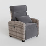 Garvee Outdoor Adjustable PE Rattan Recliner Chair with Flip-Up Side Table 150° Lay Flat All-Weather Steel Frame Gray Cushion Patio Lounge Chair for Garden Poolside Balcony in Gray and White Gradient - Grey