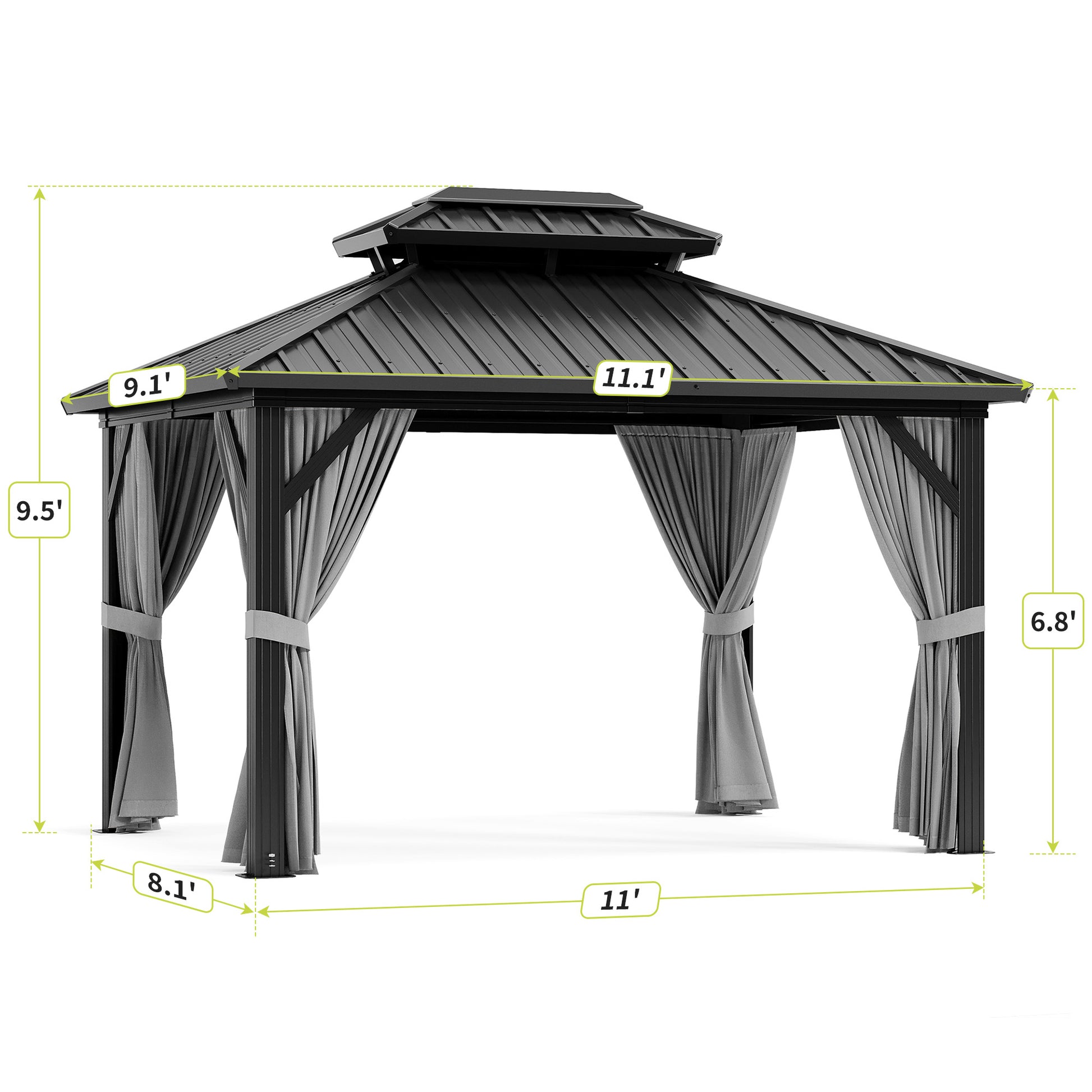 Garvee 10'x12' Outdoor Patio Gazebo with Aluminum Alloy Iron Plate Double Roof Eaves Galvanized Sheet for Backyard Lawn Deck Grey