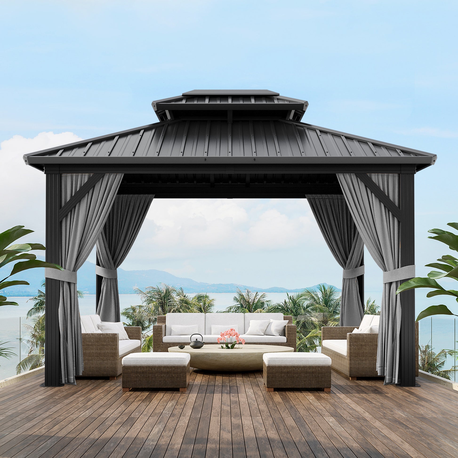 Garvee 10'x12' Outdoor Patio Gazebo with Aluminum Alloy Iron Plate Double Roof Eaves Galvanized Sheet for Backyard Lawn Deck Grey