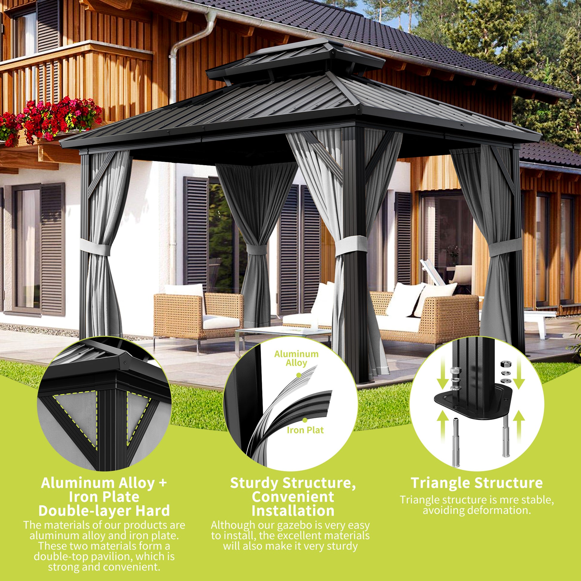 Garvee 10'x12' Outdoor Patio Gazebo with Aluminum Alloy Iron Plate Double Roof Eaves Galvanized Sheet for Backyard Lawn Deck Grey
