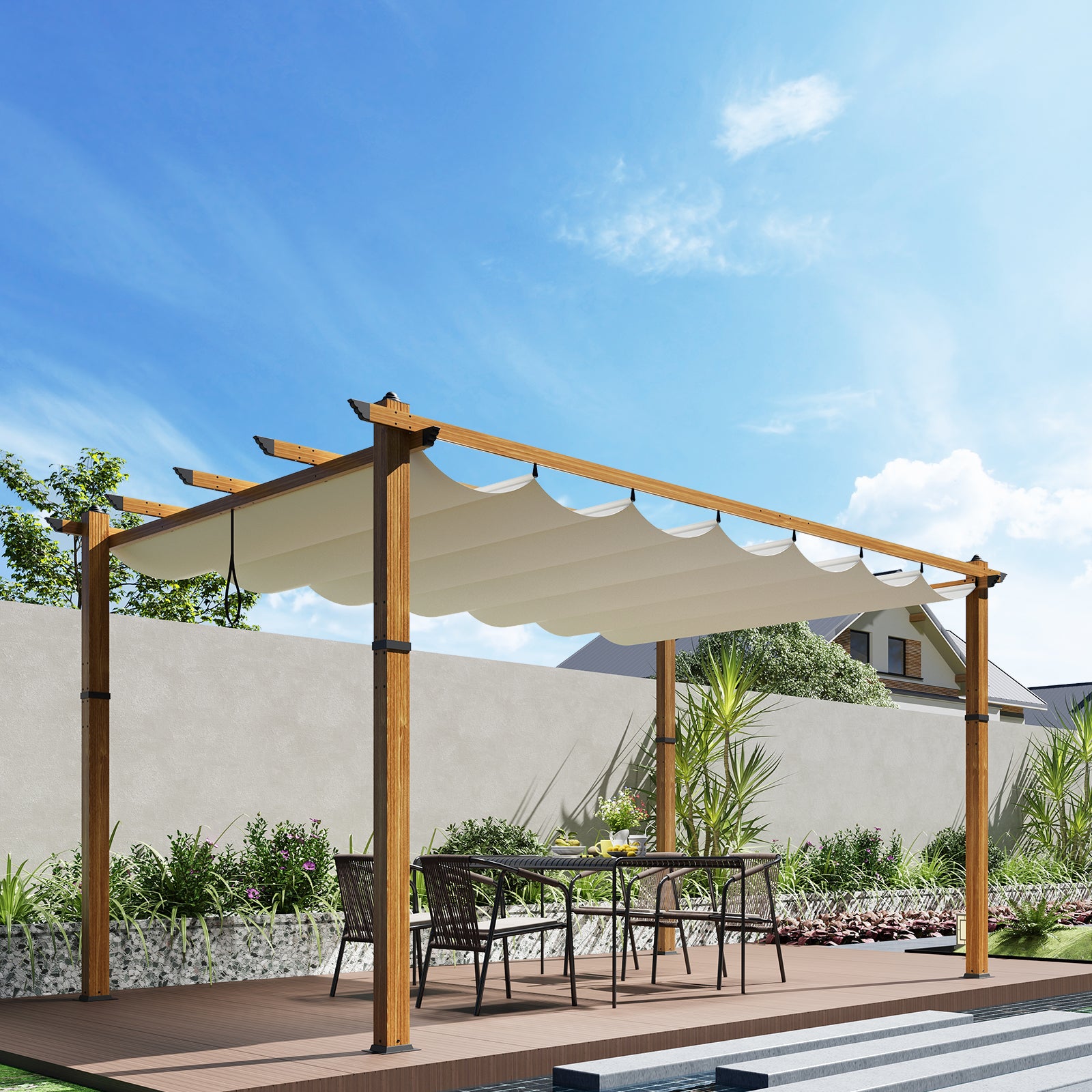 Garvee 10′ X 13′ Wood-Grain Aluminum Pergola with Retractable Canopy UV50+ Sun Protection for Backyard Patio Porch Grape Trellis,Beige
