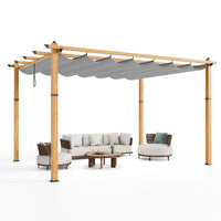 Garvee 10′ X 13′ Wood-Grain Aluminum Pergola with Retractable Canopy UV50+ Sun Protection for Backyard Patio Porch Grape Trellis,Grey