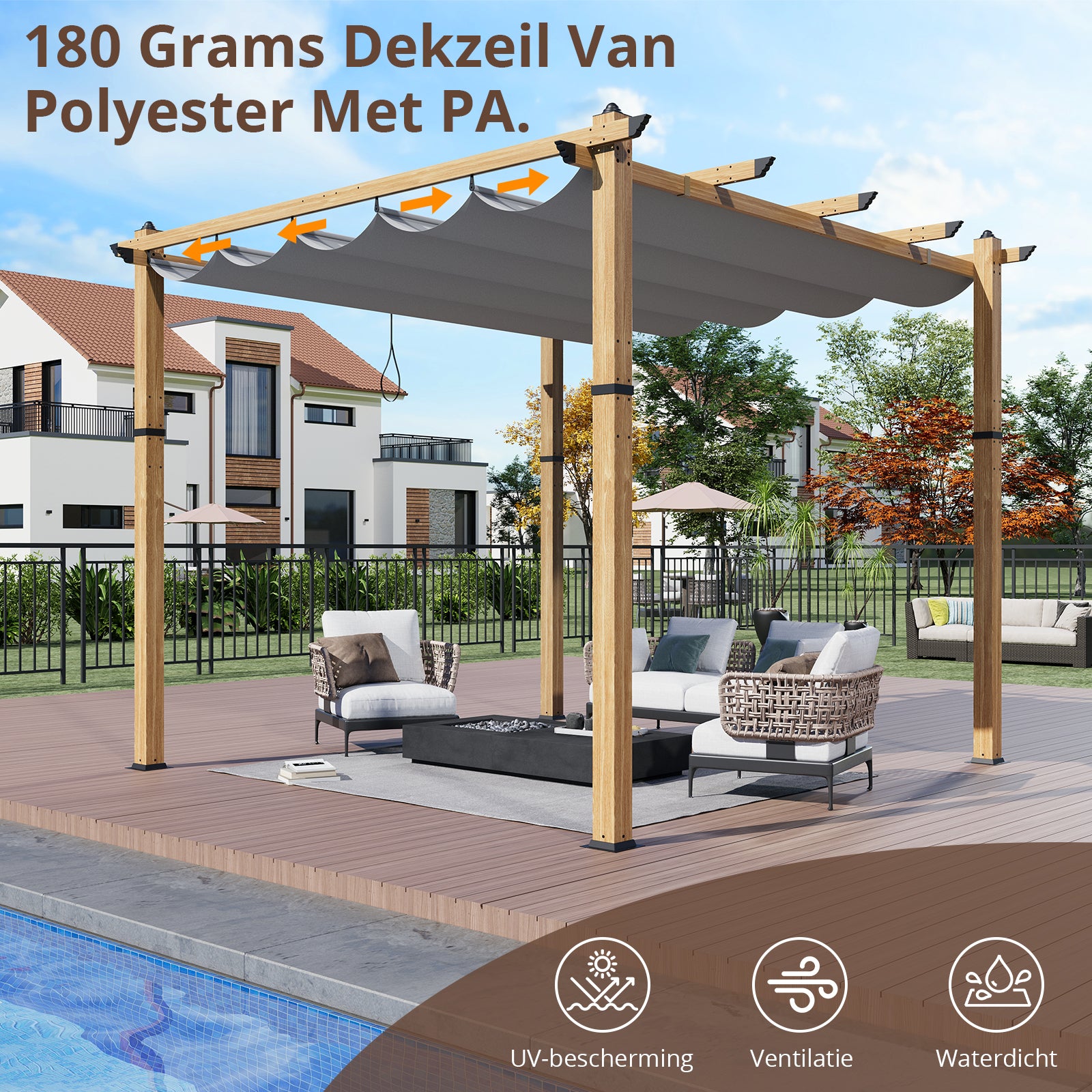 Garvee 10′ X 10′ Wood-Grain Aluminum Pergola with Retractable Canopy UV50+ Sun Protection for Backyard Patio Porch Grape Trellis,Grey