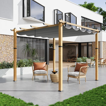 Garvee 10′ X 10′ Wood-Grain Aluminum Pergola with Retractable Canopy UV50+ Sun Protection for Backyard Patio Porch Grape Trellis,Grey