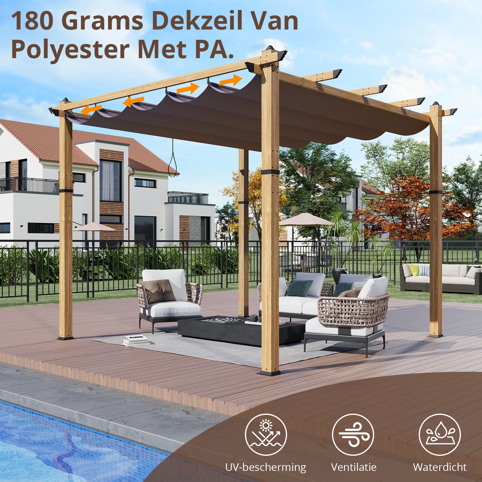 Garvee 10′ X 10′ Wood-Grain Aluminum Pergola with Retractable Canopy for Backyard Patio Porch Grape Trellis,Khaki