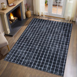 Garvee Area Rug 4x6 Washable Blue Plaid Soft Modern Indoor Rug with Non Slip Backing Low Pile Thin Foldable Accent for Living Room Bedroom Nursery - Blue