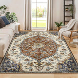 Garvee Vintage Washable Bedroom Rug - Soft Accent Rugs for Living Room, Non-Slip Non-Shedding Low-Pile Entryway Rug, Soft Print Pattern Indoor Rug - Red