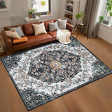 Garvee Vintage Washable Bedroom Rug - Soft Accent Rugs for Living Room, Non-Slip Non-Shedding Low-Pile Entryway Rug, Soft Print Pattern Indoor Rug - Black