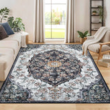 Garvee Vintage Washable Bedroom Rug - Soft Accent Rugs for Living Room, Non-Slip Non-Shedding Low-Pile Entryway Rug, Soft Print Pattern Indoor Rug - Black
