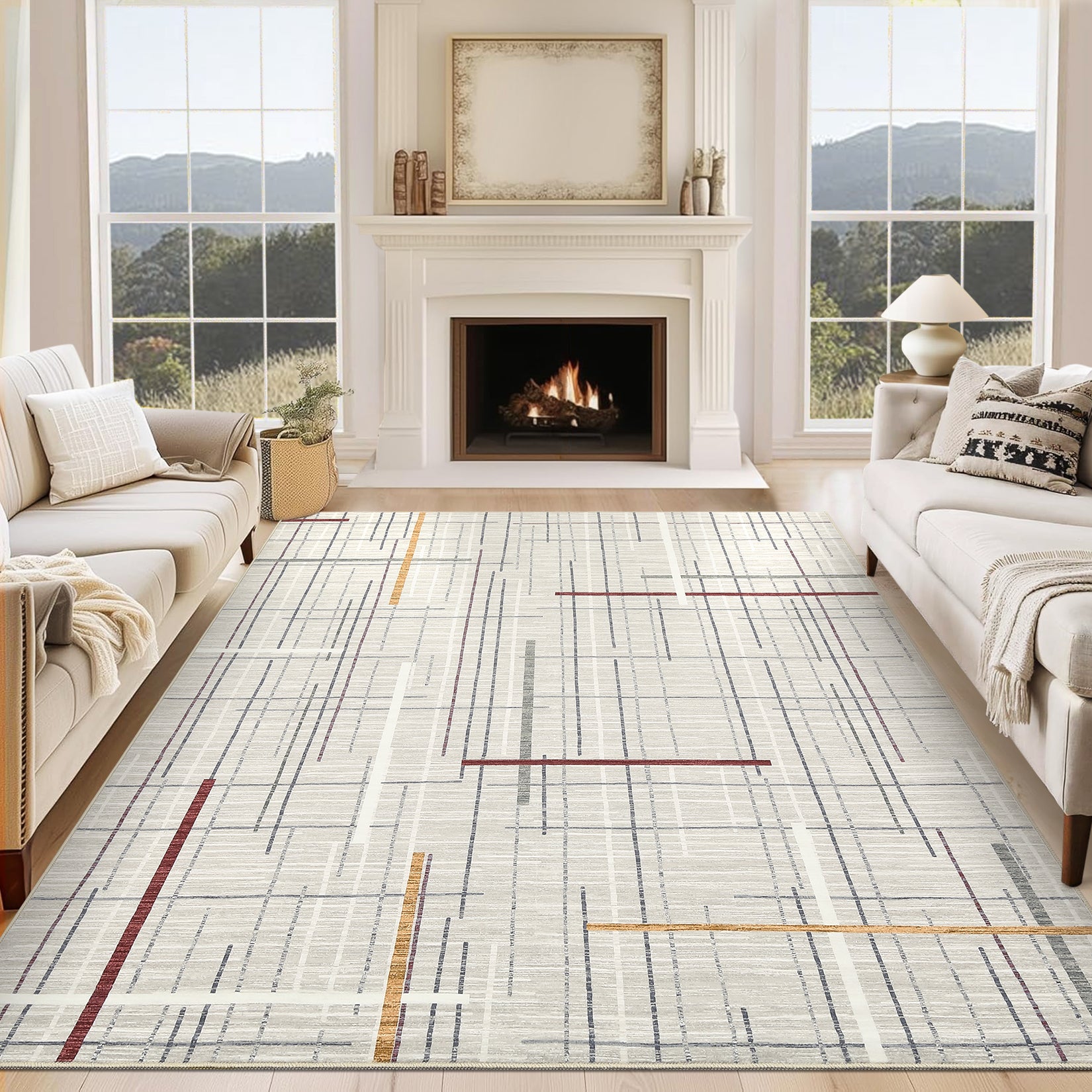 Garvee Washable Modern Rug 9x12 Large Linear Geometric Living Room Rug Non Slip Abstract Foldable Ultra Thin Accent Throw Rug Stain Resistant Soft Carpet for Home Office Decor, Beige