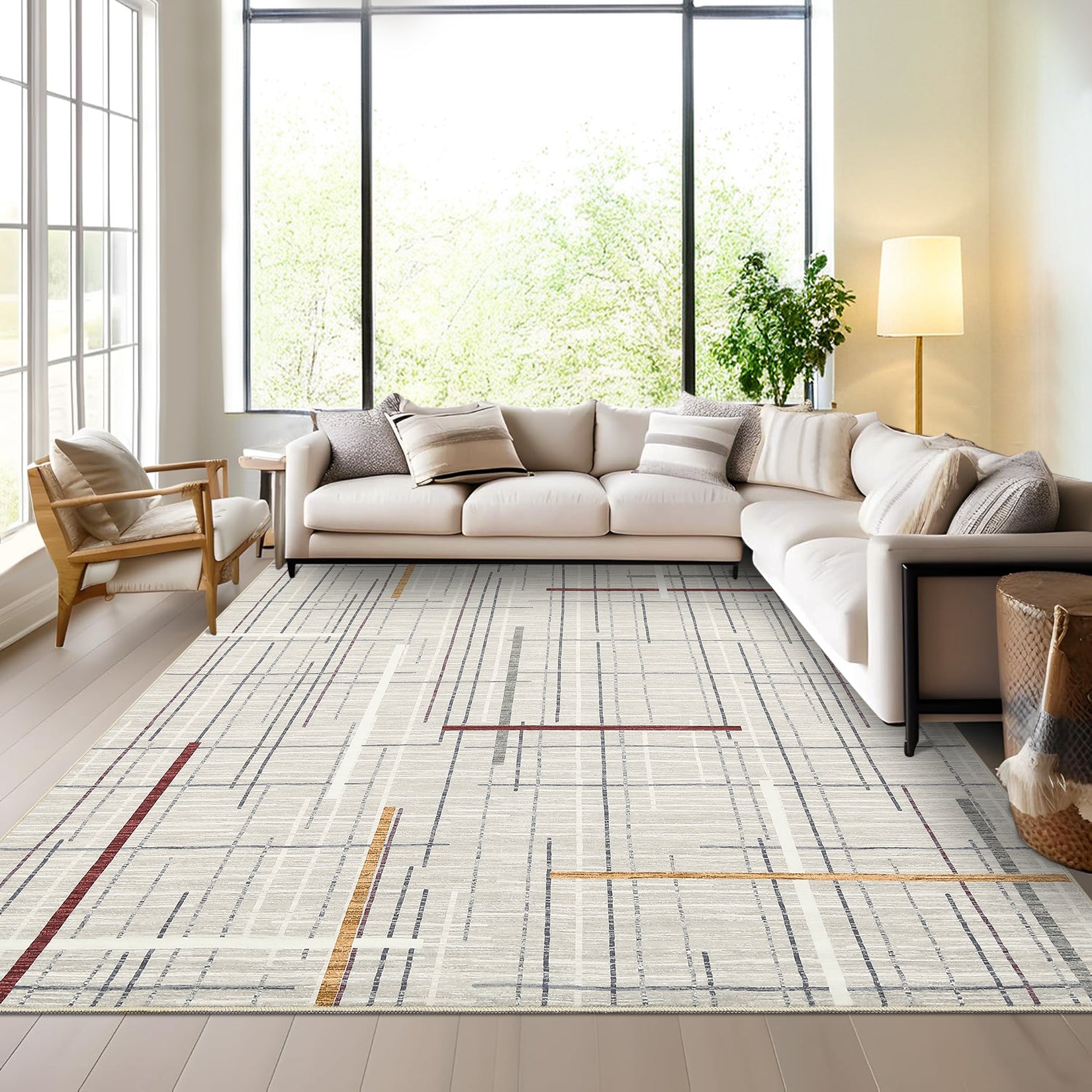 Garvee Washable Modern Rug 9x12 Large Linear Geometric Living Room Rug Non Slip Abstract Foldable Ultra Thin Accent Throw Rug Stain Resistant Soft Carpet for Home Office Decor, Beige
