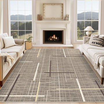 Garvee Contemporary Rug 8x10 Washable Area Rug Modern Abstract Non Slip Soft Throw Rug Linear Geometric Foldable Low Pile Floor Cover for Living Room Bedroom Nursery Office Decor, Brown
